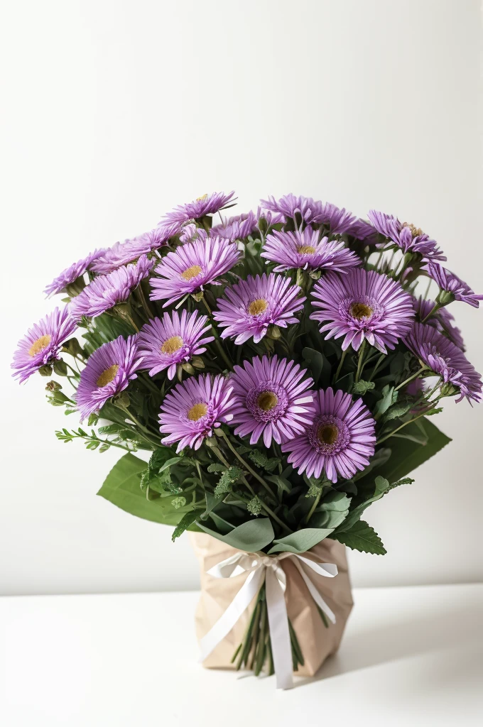 bouquet of asters in a bag on a white background 