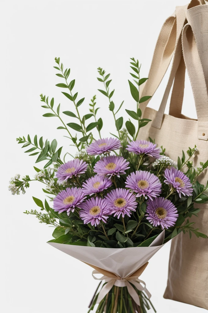 bouquet of asters in a bag on a white background