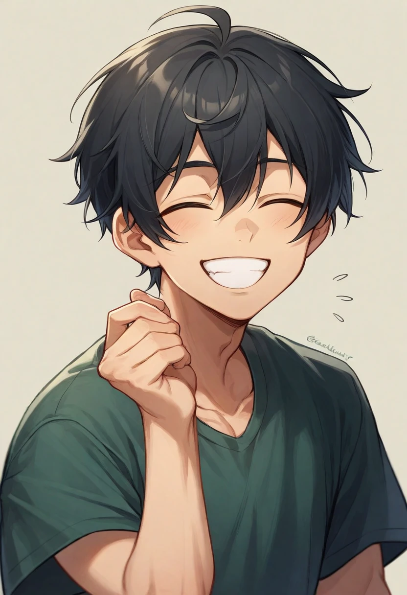 a close up of a person with black hair, [[[[grinning evily]]]], smiling sweetly, smug grin, grinning lasciviously, smileing nright, he is smiling, young anime man, happy expression, anime boy, smiling expression, black anime boy, grinning, smug smile, serene smile, closed eyes. 