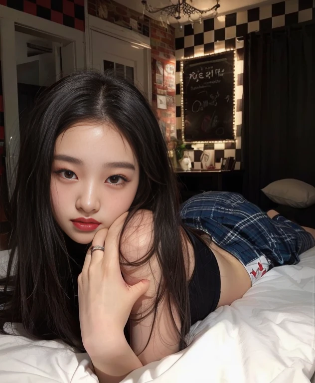 arafed asian woman lying on a bed with a black and white checkered wall, korean girl, jennie pink black, ulzzang, beautiful Asian girl, young Asian girl, Beautiful young Korean woman, beautiful south korean woman, Instagram Template, Asian girl, asian features, Beautiful young Korean woman, pale korean adorable face, young and adorable korean face