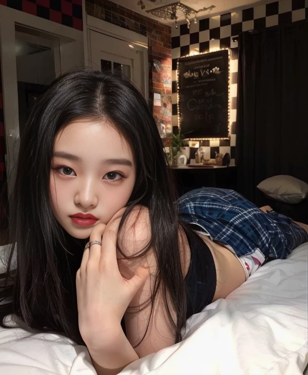 arafed asian woman lying on a bed with a black and white checkered wall, korean girl, jennie pink black, ulzzang, beautiful Asian girl, young Asian girl, Beautiful young Korean woman, beautiful south korean woman, Instagram Template, Asian girl, asian features, Beautiful young Korean woman, pale korean adorable face, young and adorable korean face