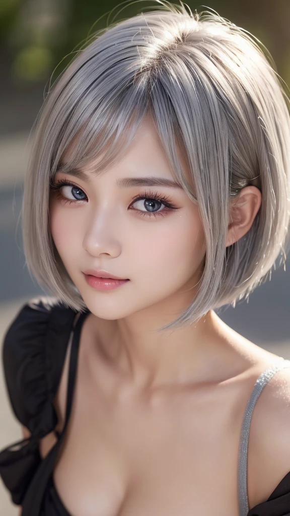 ((Highest quality、8K、masterpiece：1.3))、Sharpness：1.2、Perfect body beauty：1.4、Slim Abs：1.2、((Short Hairstyles、Grey Hair、Big Breasts：1.2))、(Wetた白いタンクトップ：1.1)、(Night City：1.2)、Wet：1.5、Highly detailed face and skin texture、Fine particles、double eyelid、Eyes sparkling、looking at the camera、tits