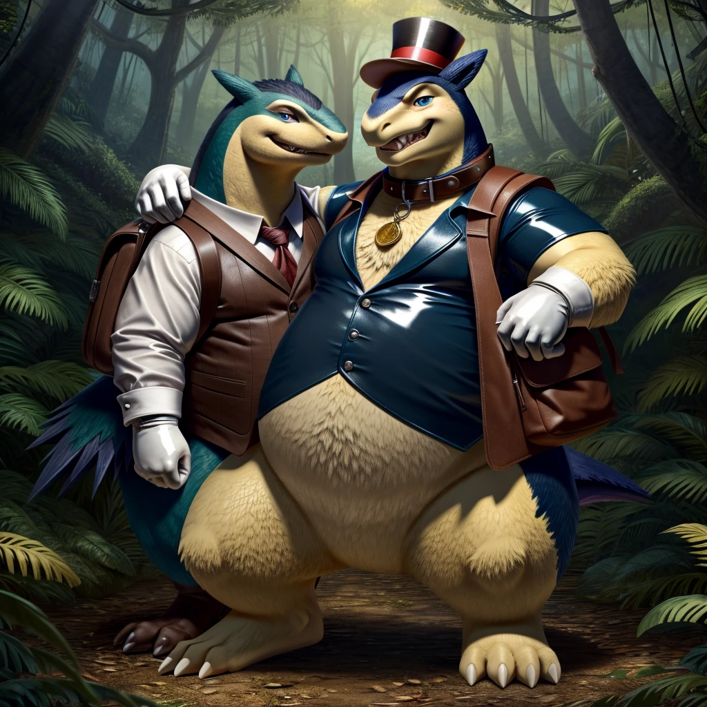 Male, fat, extremely obese, gentleman, Typhlosion, blue eyes, (posing:1.3), (soft shading), 4k, hi res, ((detailed face, detailed)), looking at viewer, evil grin, jungle, forest, shirt, top hat, male focus, Explorer Outfit, glasses, monocle, bag, vest, backpack, sleeves rolled up, round eyewear, brown headwear, brown vest, Typhlosion is wearing a glossy leather dog collar around the neck, Typhlosion is wearing the leather collar and shirt and vest at the same time, Typhlosion is wearing glossy white rubber gloves on the hands, wearing white rubber gloves on the feet, Typhlosion is wearing glossy white cuffs around the wrists and ankles, gold cufflinks gloves are rubber in texture, clenching teeth, clenching fists, leather collar is glossy and shiny with a lot of detail, Typhlosion is wearing gloves and cuffs and cufflinks at the same time.