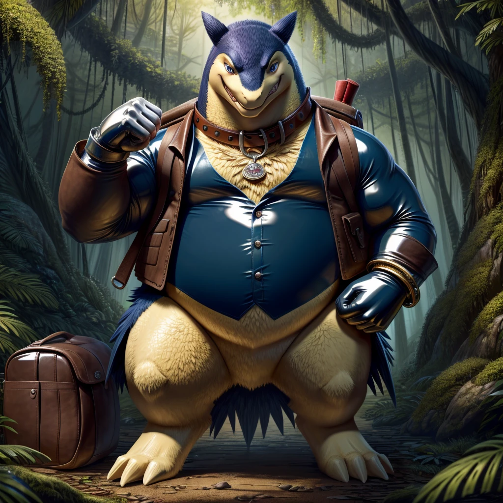Male, fat, extremely obese, gentleman, Typhlosion, blue eyes, (posing:1.3), (soft shading), 4k, hi res, ((detailed face, detailed)), looking at viewer, evil grin, jungle, forest, shirt, top hat, male focus, Explorer Outfit, glasses, monocle, bag, vest, backpack, sleeves rolled up, round eyewear, brown headwear, brown vest, Typhlosion is wearing a glossy leather dog collar around the neck, Typhlosion is wearing the leather collar and shirt and vest at the same time, Typhlosion is wearing glossy white rubber gloves on the hands, wearing white rubber gloves on the feet, Typhlosion is wearing glossy white cuffs around the wrists and ankles, gold cufflinks gloves are rubber in texture, clenching teeth, clenching fists, leather collar is glossy and shiny with a lot of detail, Typhlosion is wearing gloves and cuffs and cufflinks at the same time.