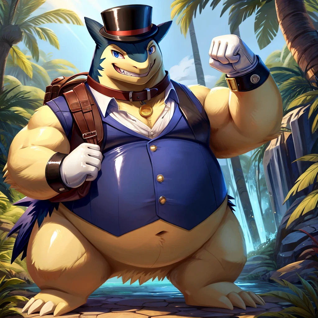 Male, fat, extremely obese, gentleman, Typhlosion, blue eyes, (posing:1.3), (soft shading), 4k, hi res, ((detailed face, detailed)), looking at viewer, evil grin, jungle, forest, shirt, top hat, male focus, Explorer Outfit, glasses, monocle, bag, vest, backpack, sleeves rolled up, round eyewear, brown headwear, brown vest, Typhlosion is wearing a glossy leather dog collar around the neck, Typhlosion is wearing the leather collar and shirt and vest at the same time, Typhlosion is wearing glossy white rubber gloves on the hands, wearing white rubber gloves on the feet, Typhlosion is wearing glossy white cuffs around the wrists and ankles, gold cufflinks gloves are rubber in texture, clenching teeth, clenching fists, leather collar is glossy and shiny with a lot of detail, Typhlosion is wearing gloves and cuffs and cufflinks at the same time.