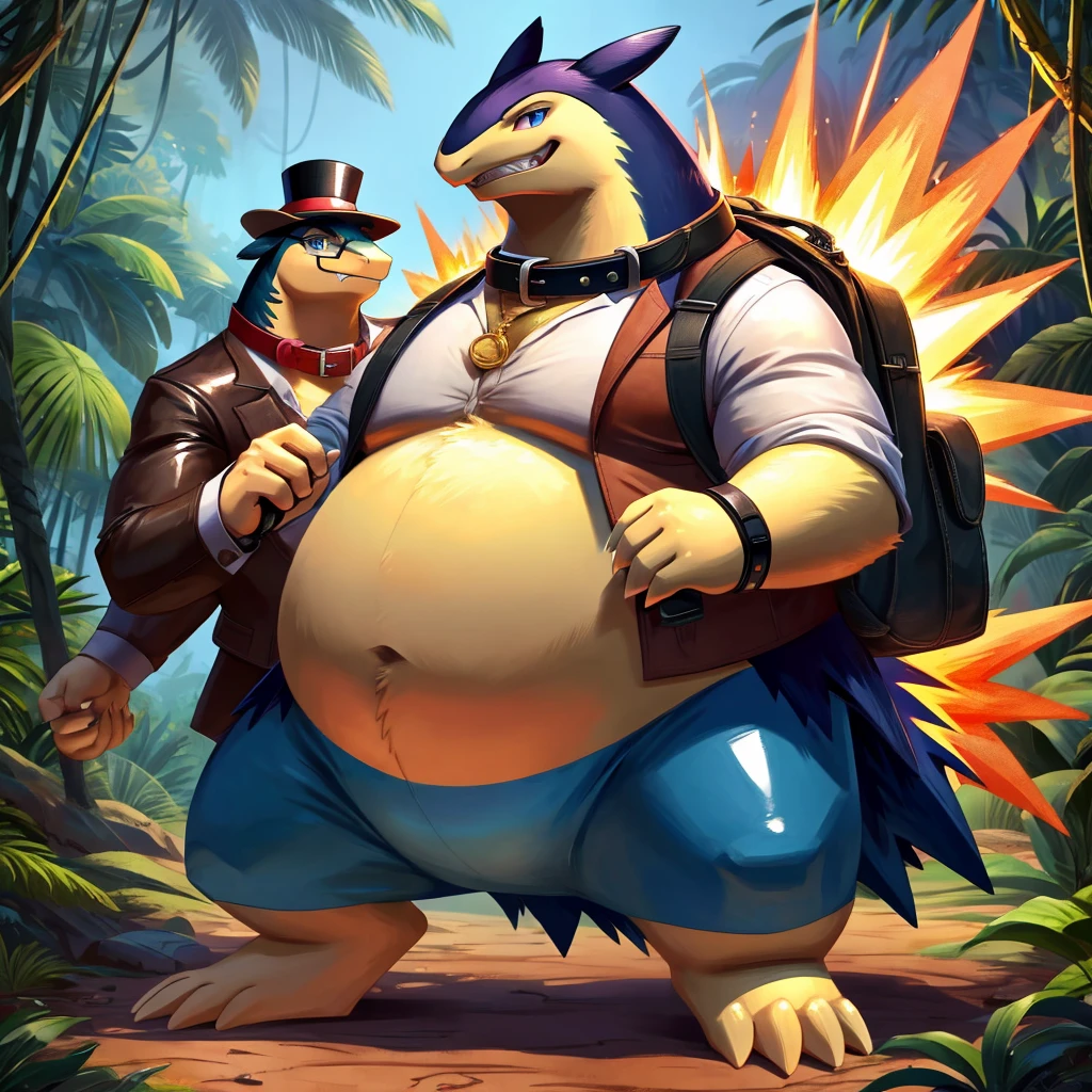 Male, fat, extremely obese, gentleman, Typhlosion, blue eyes, (posing:1.3), (soft shading), 4k, hi res, ((detailed face, detailed)), looking at viewer, evil grin, jungle, forest, shirt, top hat, male focus, Explorer Outfit, glasses, monocle, bag, vest, backpack, sleeves rolled up, round eyewear, brown headwear, brown vest, Typhlosion is wearing a glossy leather dog collar around the neck, Typhlosion is wearing the leather collar and shirt and vest at the same time, Typhlosion is wearing glossy white rubber gloves on the hands, wearing white rubber gloves on the feet, Typhlosion is wearing glossy white cuffs around the wrists and ankles, gold cufflinks gloves are rubber in texture, clenching teeth, clenching fists, leather collar is glossy and shiny with a lot of detail, Typhlosion is wearing gloves and cuffs and cufflinks at the same time.