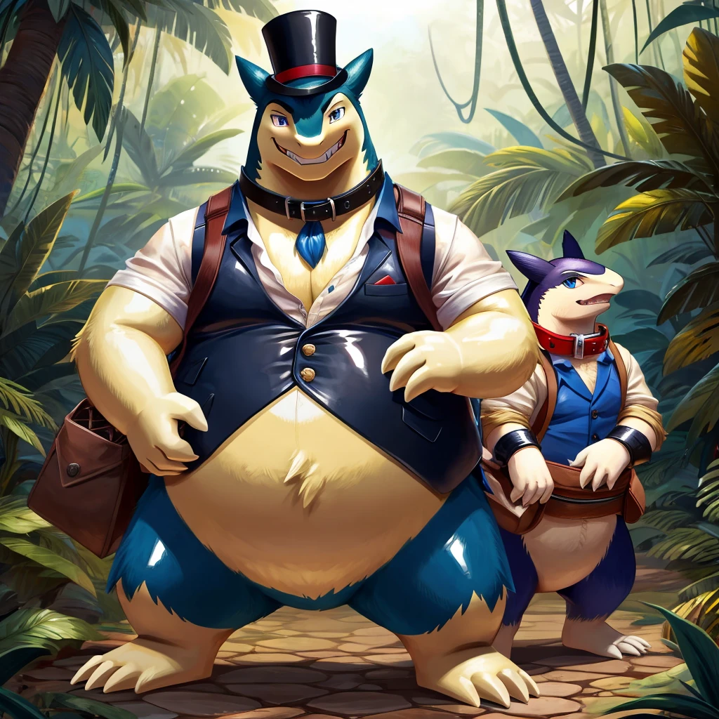 Male, fat, extremely obese, gentleman, Typhlosion, blue eyes, (posing:1.3), (soft shading), 4k, hi res, ((detailed face, detailed)), looking at viewer, evil grin, jungle, forest, shirt, top hat, male focus, Explorer Outfit, glasses, monocle, bag, vest, backpack, sleeves rolled up, round eyewear, brown headwear, brown vest, Typhlosion is wearing a glossy leather dog collar around the neck, Typhlosion is wearing the leather collar and shirt and vest at the same time, Typhlosion is wearing glossy white rubber gloves on the hands, wearing white rubber gloves on the feet, Typhlosion is wearing glossy white cuffs around the wrists and ankles, gold cufflinks gloves are rubber in texture, clenching teeth, clenching fists, leather collar is glossy and shiny with a lot of detail, Typhlosion is wearing gloves and cuffs and cufflinks at the same time.