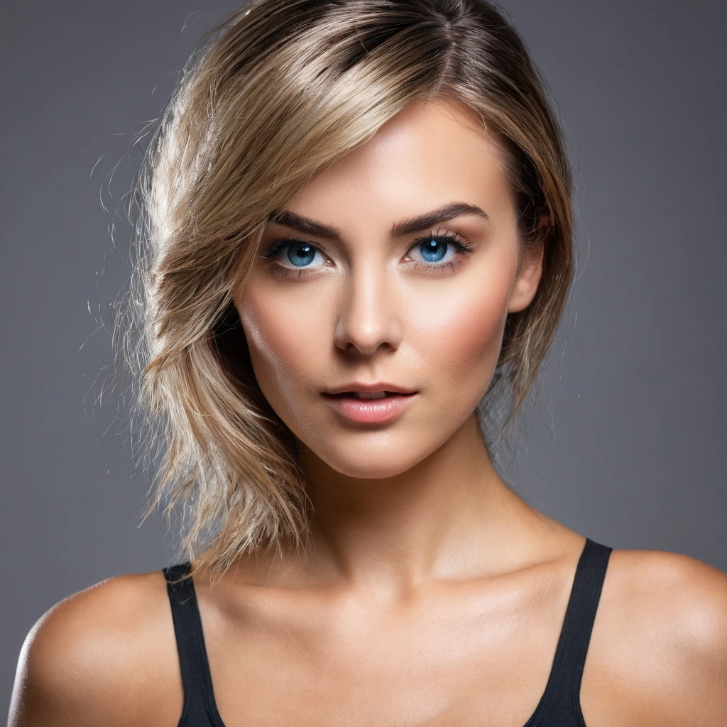 une belle femme, cheveux foncés, en tenue de sporten studio, 8k, Haute résolution, photoréaliste, hyperdétaillé, éclairage cinématographique, couleurs dramatiques, éclairage volumétrique, Clair-obscur, pose élégante, expression sereine, détail complexe, tons chauds, peau brillante, Yeux détaillés, lèvres luxuriantes, Fond flou