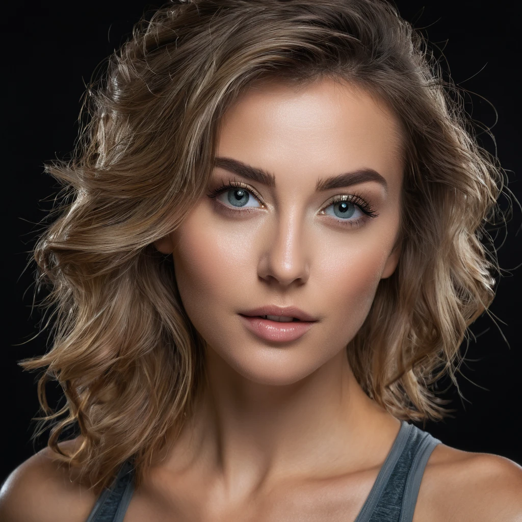 une belle femme, cheveux foncés, en tenue de sporten studio, 8k, Haute résolution, photoréaliste, hyperdétaillé, éclairage cinématographique, couleurs dramatiques, éclairage volumétrique, Clair-obscur, pose élégante, expression sereine, détail complexe, tons chauds, peau brillante, Yeux détaillés, lèvres luxuriantes, Fond flou