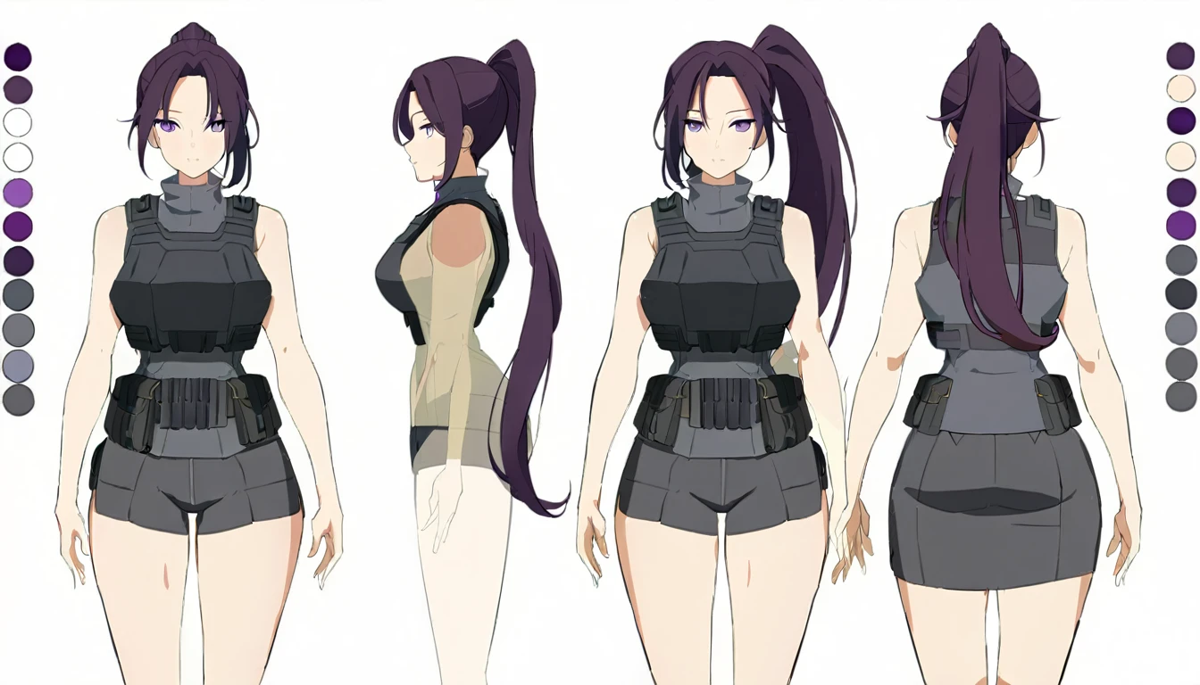 multiple views,reference sheet, model sheet, One Mature female,human, Dark hair with purple strands, Ponytail, purple eyes,black outfit,wearing gray bulletproof vest, neutral expression, Head Shot,Front facing view,Back view,Side view,Top view,Symmetric, beautiful, masterpiece, best quality, perfect lighting,8k,simple white background.