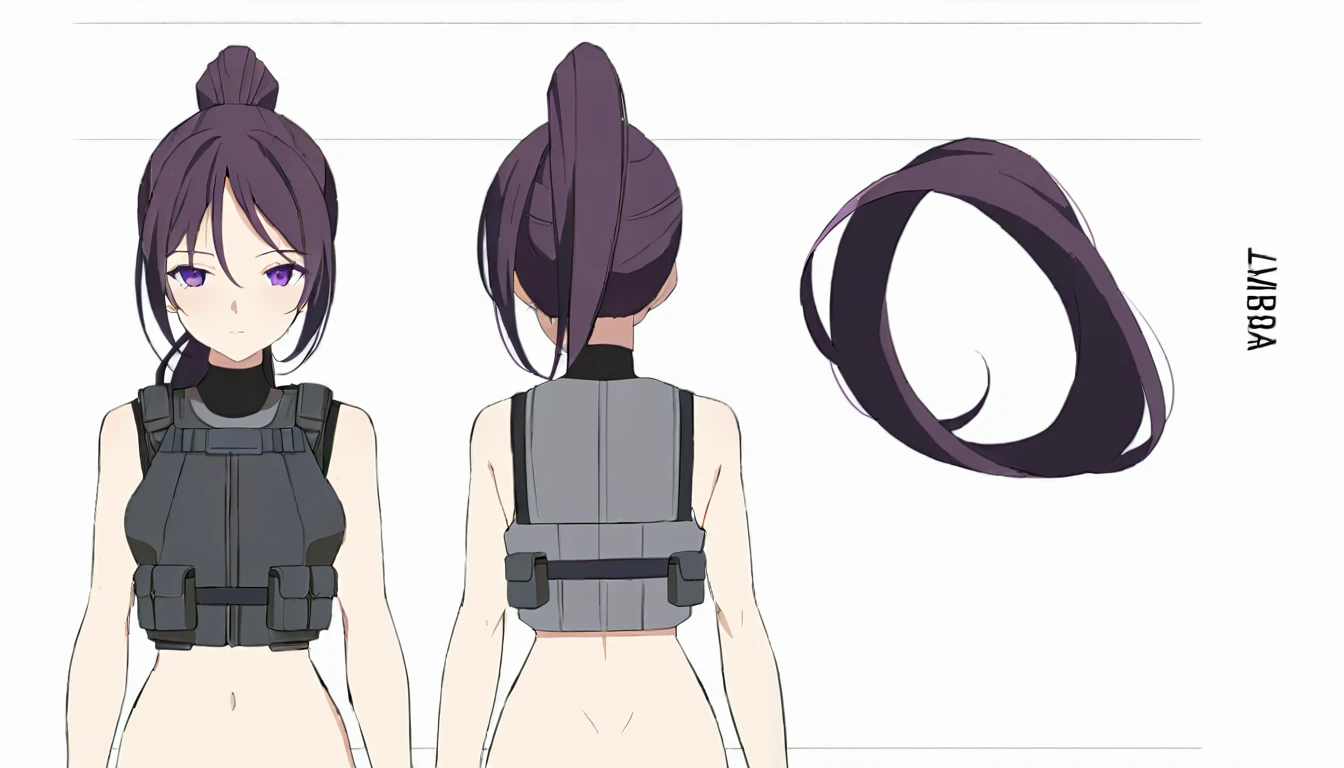 multiple views,reference sheet, model sheet, One Mature female,human, Dark hair with purple strands, Ponytail, purple eyes,black outfit,wearing gray bulletproof vest, neutral expression, Head Shot,Front facing view,Back view,Side view,Top view,Symmetric, beautiful, masterpiece, best quality, perfect lighting,8k,simple white background.