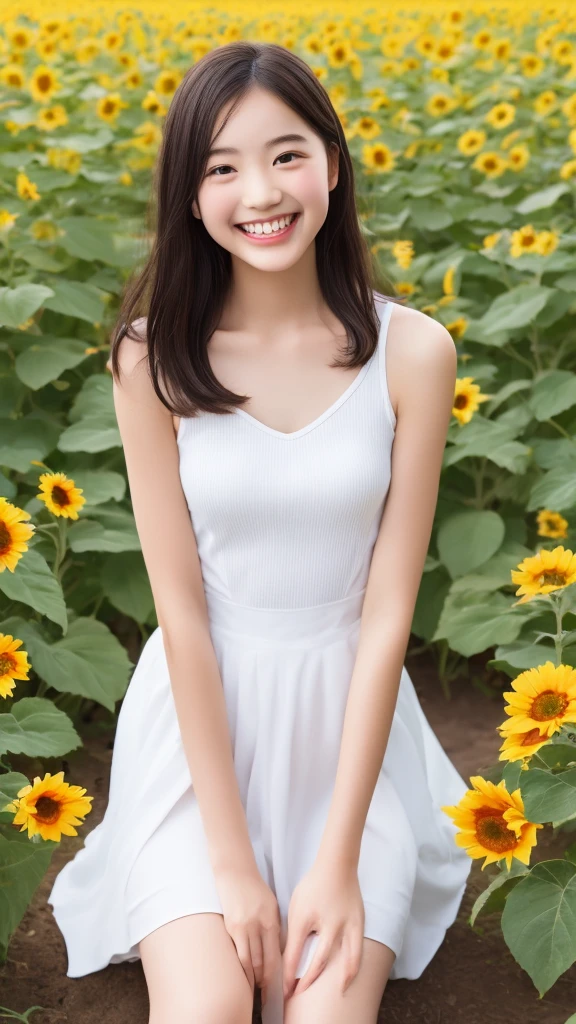 8K, beautiful elementary school girl, lovely smile, black hair, detailed beautiful face, white camisole, sunflower field, very strong wind, decolletage, sitting on the buttocks