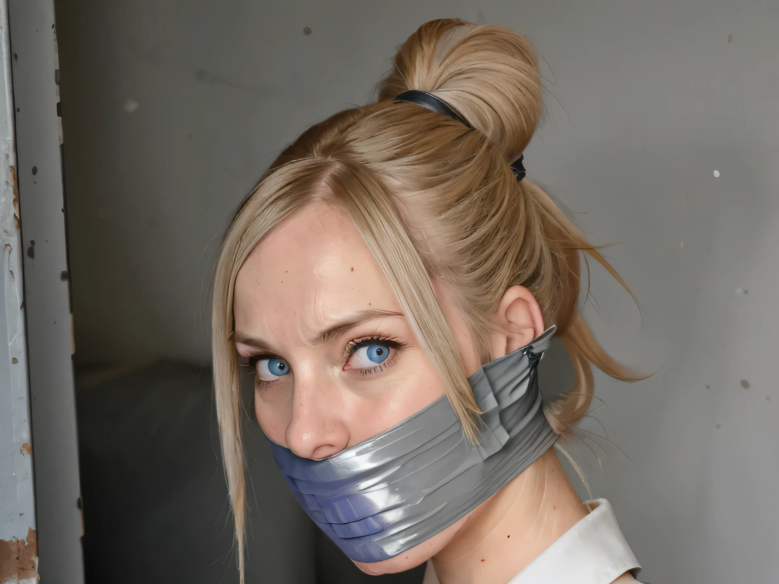 german blonde woman, blue eyes, improvised gag, Tape gag, GAGGED, panic, grey vinyl tape, frightened, Hair ponytail