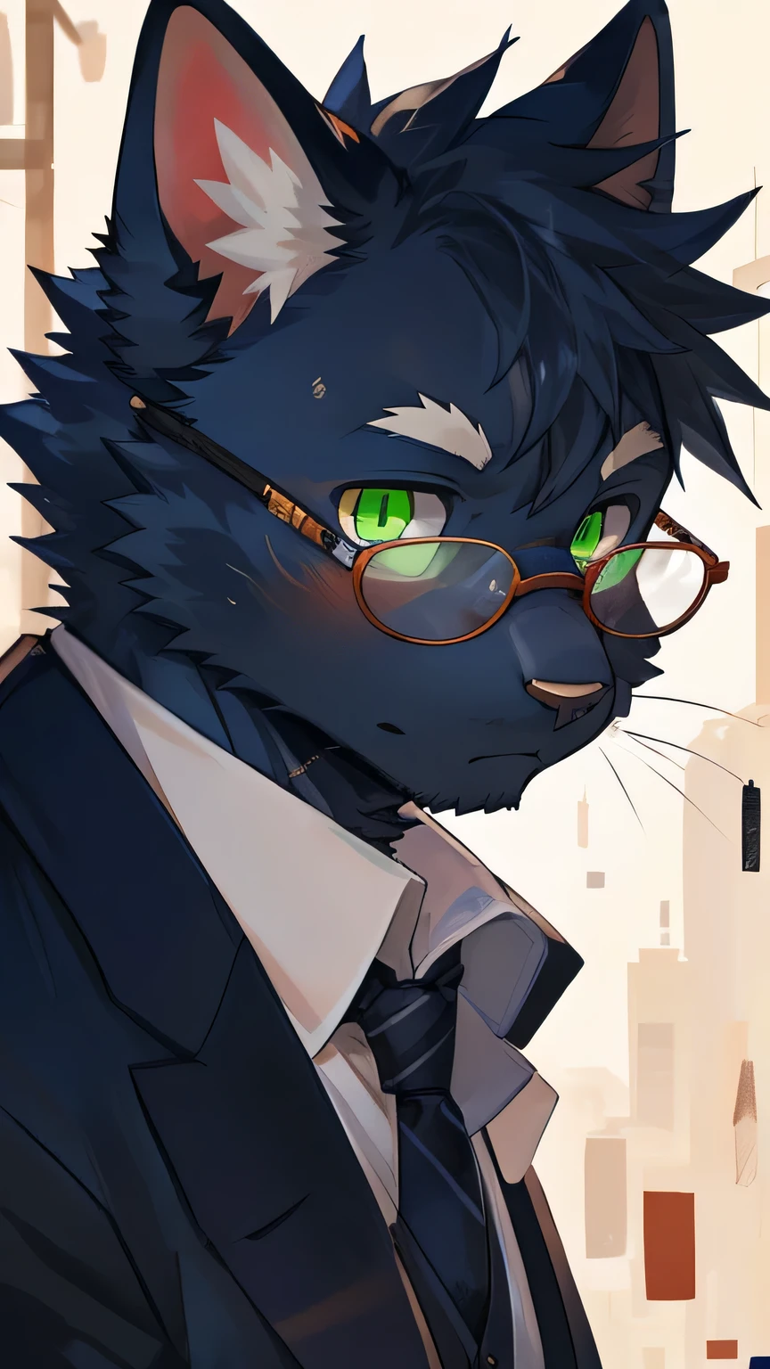 masterpiece,high quality,perfect anatomy,furry,anthro cat,black cat,male, niji5,green pupils,bright eyes,wear glasses,detailed face,by kiyosan,close up face