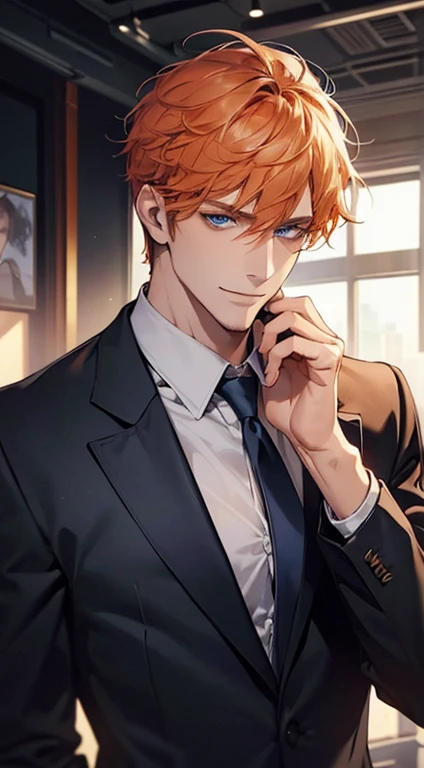 (best quality, masterpiece, 8K, photorealistic, cinematic lighting, hdr image, ultra detailed, beautiful image), 1 man, 31 years old, mature man, very handsome, (without expression, smile), short orange hair, blue eyes ( penetrating gaze), perfect face without errors, imposing posture, without errors, businessman, office background
