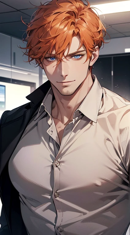 (best quality, masterpiece, 8K, photorealistic, cinematic lighting, hdr image, ultra detailed, beautiful image), 1 man, 31 years old, mature man, very handsome, (without expression, smile), short orange hair, blue eyes ( penetrating gaze), perfect face without errors, imposing posture, without errors, businessman, office background