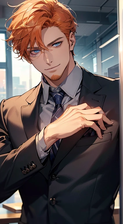 (best quality, masterpiece, 8K, photorealistic, cinematic lighting, hdr image, ultra detailed, beautiful image), 1 man, 31 years old, mature man, very handsome, (without expression, smile), short orange hair, blue eyes ( penetrating gaze), perfect face without errors, imposing posture, without errors, businessman, office background