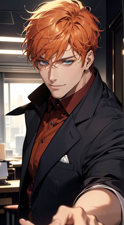 (best quality, masterpiece, 8K, photorealistic, cinematic lighting, hdr image, ultra detailed, beautiful image), 1 man, 31 years old, mature man, very handsome, (without expression, smile), short orange hair, blue eyes ( penetrating gaze), perfect face without errors, imposing posture, without errors, businessman, office background