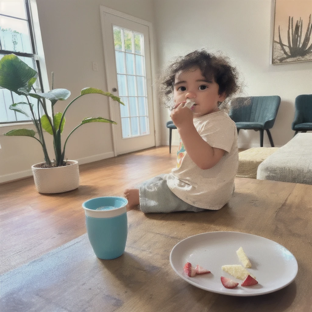 there is a  sitting on the floor eating a piece of cake, having a snack, getting his tacos and drink), ddler, eating outside, sitting in his highchair, by Alexander Brook, messy eater, mixed art, healthy, 2 yemedium portrait, little kid,itting at table, sitting on a table, drinking a strawberry iced latte