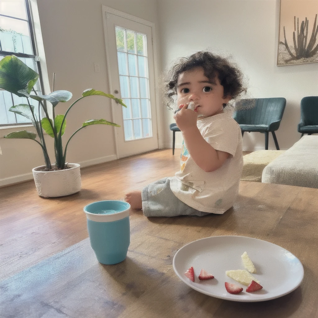 there is a  sitting on the floor eating a piece of cake, having a snack, getting his tacos and drink), toddler, eating outside, sitting in his highchair, by Alexander Brook, messy eater, mixed art, healthy, ***********, medium portrait, little kid, eating, sitting at table, sitting on a table, drinking a strawberry iced latte