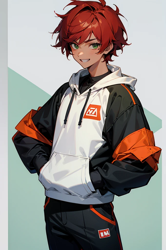 (masterpiece), ((sfw)), best quality, expressive eyes, perfect face, , (1girl,, young adult, handsome girl, longer face, flat body), solo, red hair messy short Wolf cut hair, green eyes BREAK (tanned skin, tanned male), cowboy shot, smile, grin, hoddie with racing car jacket on top BREAK black pants BREAK standing, :D, smile, boy looking, longer face
