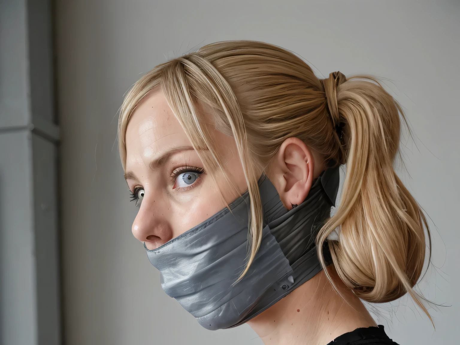 german blonde woman, blue eyes, improvised gag, Tape gag, GAGGED, panic, grey vinyl tape, frightened, Hair ponytail