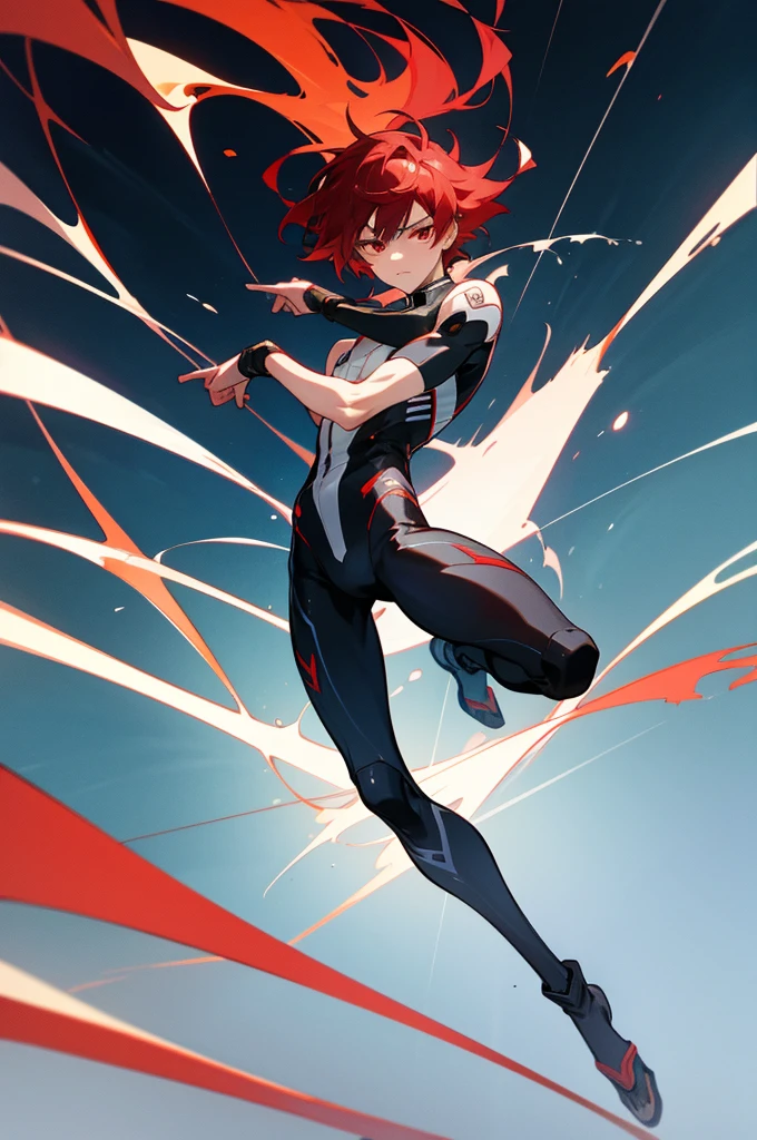 1 male, solo, red hair , 17 years old, looking away from the camera, anime character wearing combat suit, kaworu nagisa, anime handsome man, male anime character, tall anime guy with red eyes, hajime yatate, anime, fubuki, action anime pose, yukito kishiro, young anime man, official art, makoto kano, male anime style, masterpiece, rtx, ray tracing, highly detailed, best quality, official art