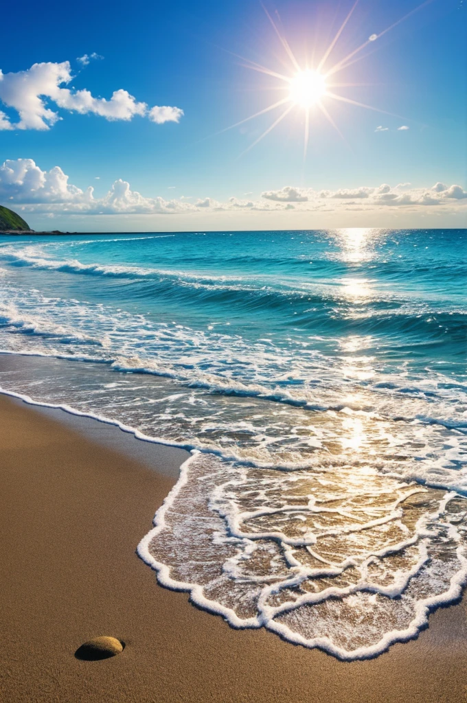 Photo of a beach, with beautiful day, all clean, that reflects the sun, 8k , high quality, detailed, relieve, realistic water