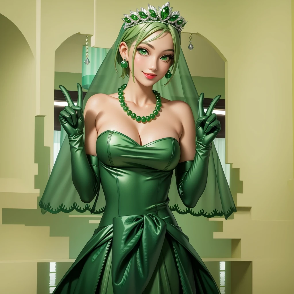 Emerald tiara, Green Pearl Necklace, ボーイッシュな非常に短いGreen Hair, Green Lips, Smiling Japanese woman, Very short hair, Busty beautiful lady, Green Eyes, Green satin long gloves, Green Eyes, Emerald Earrings, Green veil, all of, Green Hair, Beautiful Japanese Women, green lip gloss