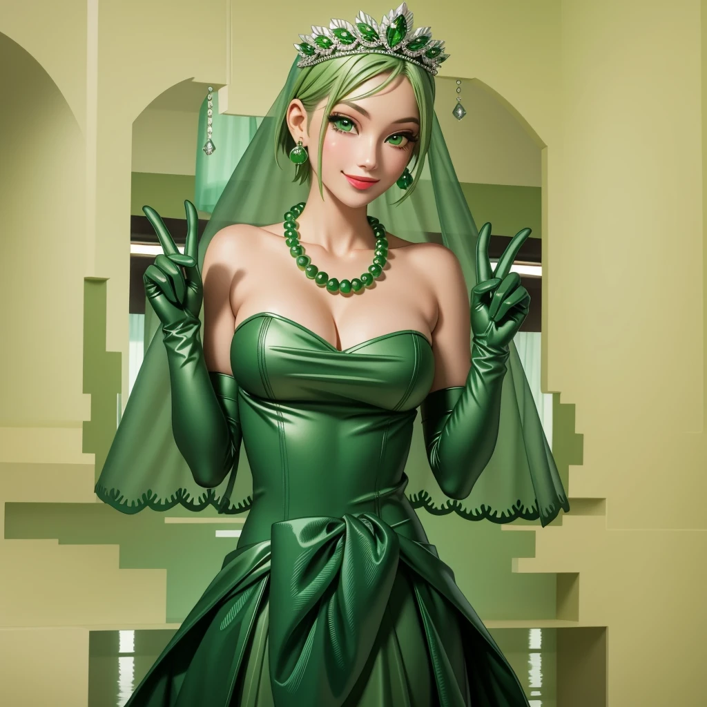 Emerald tiara, Green Pearl Necklace, ボーイッシュな非常に短いGreen Hair, Green Lips, Smiling Japanese woman, Very short hair, Busty beautiful lady, Green Eyes, Green satin long gloves, Green Eyes, Emerald Earrings, Green veil, all of, Green Hair, Beautiful Japanese Women, green lip gloss