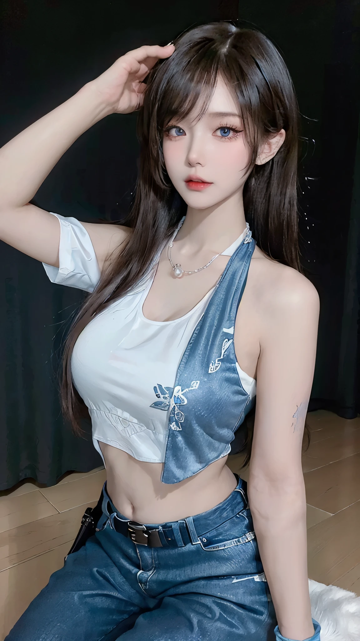 ((最好的quality, 8K, masterpiece :1.3)), whole body, Long legs, Be focused :1.2, Beautiful woman,Have a perfect body :1.4, Lean abdominal muscles :1.1, ((Dark Brown Layered Hair, Large Breasts :1.2)), (White tight T-shirt, leggings, Everlasting:1.2), ((City night scene, roof:1.3)), Highly detailed face and skin texture, Exquisite eyes, Double eyelids Gong Shui_Three leaves, Red bow tie, Jewelry, White yoga cropped top, White yoga shorts, put your hands on the chest,transparent, Looking at the audience, Hair accessories, necklace, Shy, (masterpiece, Top quality, 最好的quality, Official Art, beautiful and aesthetic:1.2), (1 girl), Extremely detailed, Colorful, The most detailed,,(masterpiece, 最好的quality)), Delicate face,((((完美number,number,Solitary, (((belt, jeans, pearl_necklace, bracelet, Black gloves, White shirt,Short sleeve, earrings, Blue pants, Open vest, Black vest,))),(((and 18, Android 18, Blonde hair, blue eyes, short hair, ))),((masterpiece)),high resolution, ((Best quality at best)),masterpiece,quality,Best quality,((( Exquisite facial features,Looking at the audience,There is light in the eyes,(((angry,Serious))),))),型number:1.7))),(((Light and Shadow,Huge breasts))),(((Looking at the camera,black background,)))