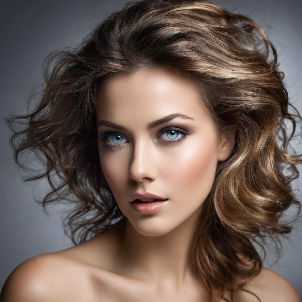 une belle femme, cheveux foncés, Haute résolution, photoréaliste, hyperdétaillé, éclairage cinématographique, couleurs dramatiques, éclairage volumétrique, Clair-obscur, pose élégante, expression sereine, détail complexe, tons chauds, peau brillante, Yeux détaillés, lèvres luxuriantes, Fond flou
