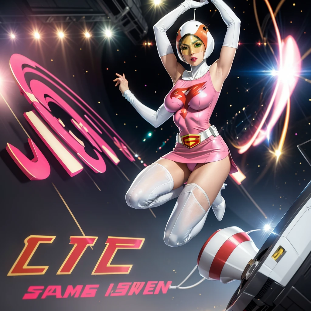 ANI_CLASSIC_jun_gatchaman_ownwaifu,1girl, ,good anatomy, masterpiece, best quality,realistic, hyperrealistic, 16k hdr,breasts,green eyes,lips,large breasts,lipstick,makeup,gloves,cape,helmet,belt,elbow gloves,white gloves,mask,ultra miniskirt,leotard,spacesuit,white tight overknee highheels boots,pink dress,superhero,bodysuit,cleavage,erected nipples,((jumping poses,arms up straight)),cameltoe