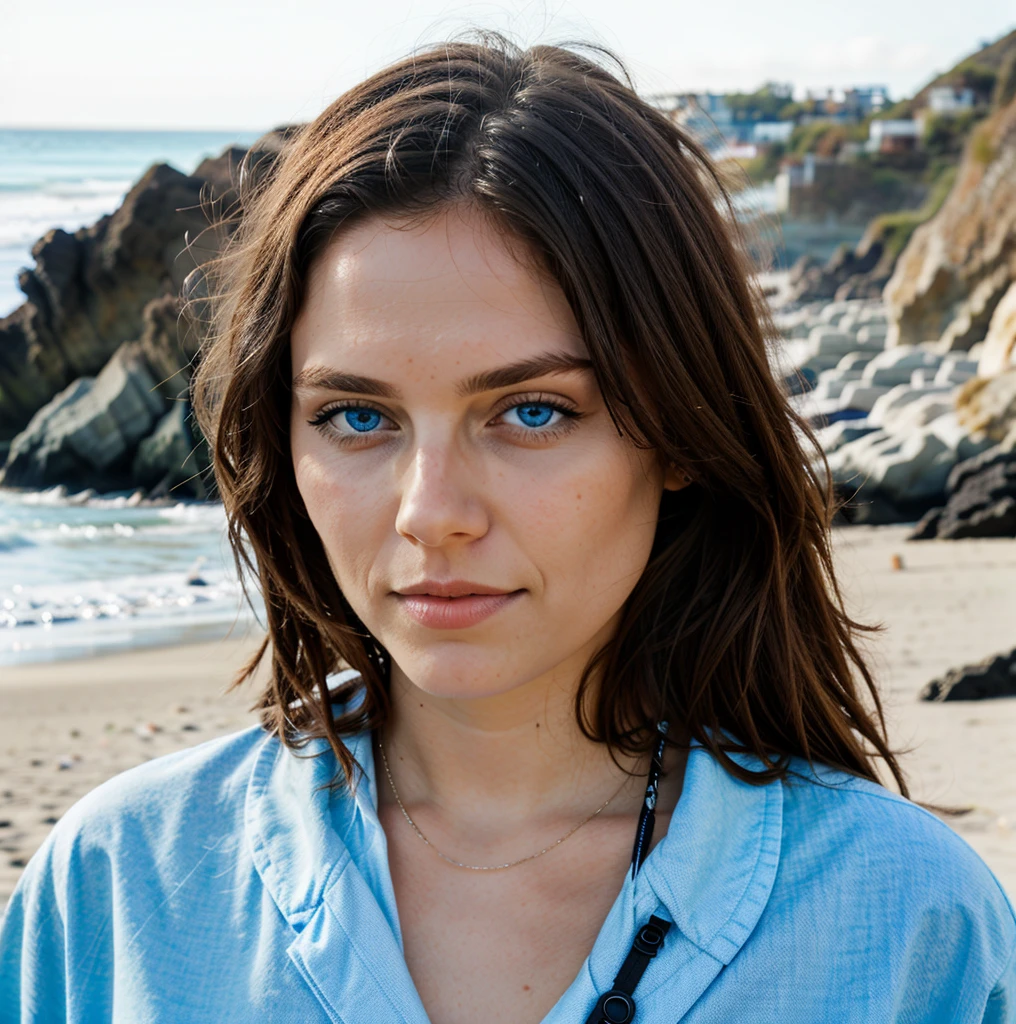 on a beach, blue eyes
