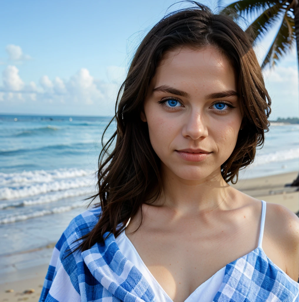 on a beach, blue eyes