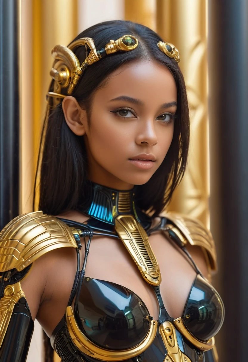 close-up, without clothes cute sexual black 17 years girl wears an insectoid exoskeleton made from glass parts, shoots me with a laser blaster,  looking at me, flirt, love me, cybernetic parts of body, straight hair, against the backdrop gold Egyptian columns, ultra high quality detailing