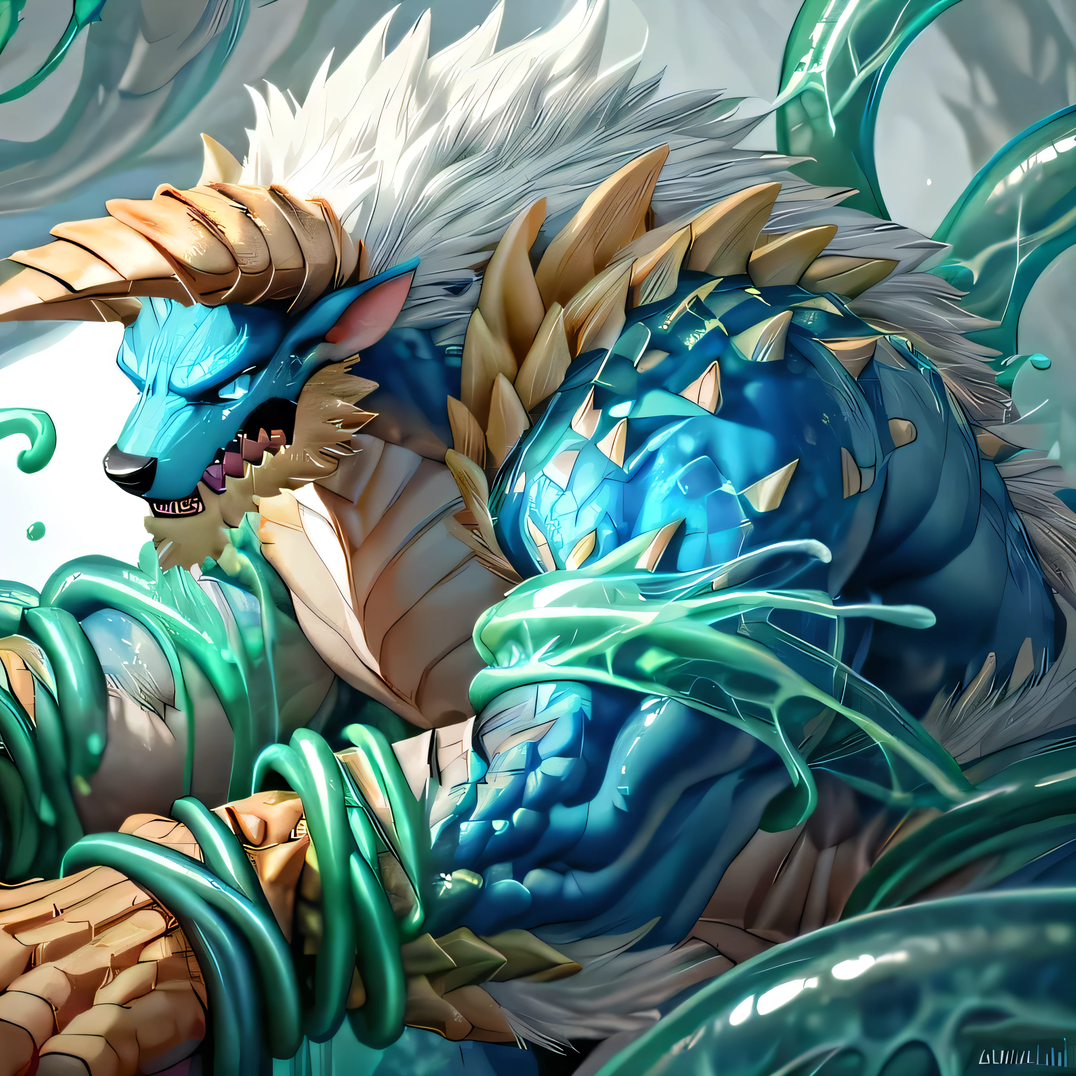 anthropology,(zinogre:1.2),Tail,((whole body,blue eyes, Blue body, White furry, Yellow Hand, Feet, Blue face,4 toes,Tail )),,muscular, whole body, (author:null-ghost,From raccoon21,masterpiece,high quality), Night Fight,((boundary)), rest (((Slime monster uses tentacles to fight dragon)),4 toes,struggle, (pain:1.3),frown,annoyed, Worry,full body,pawpads,((horns))