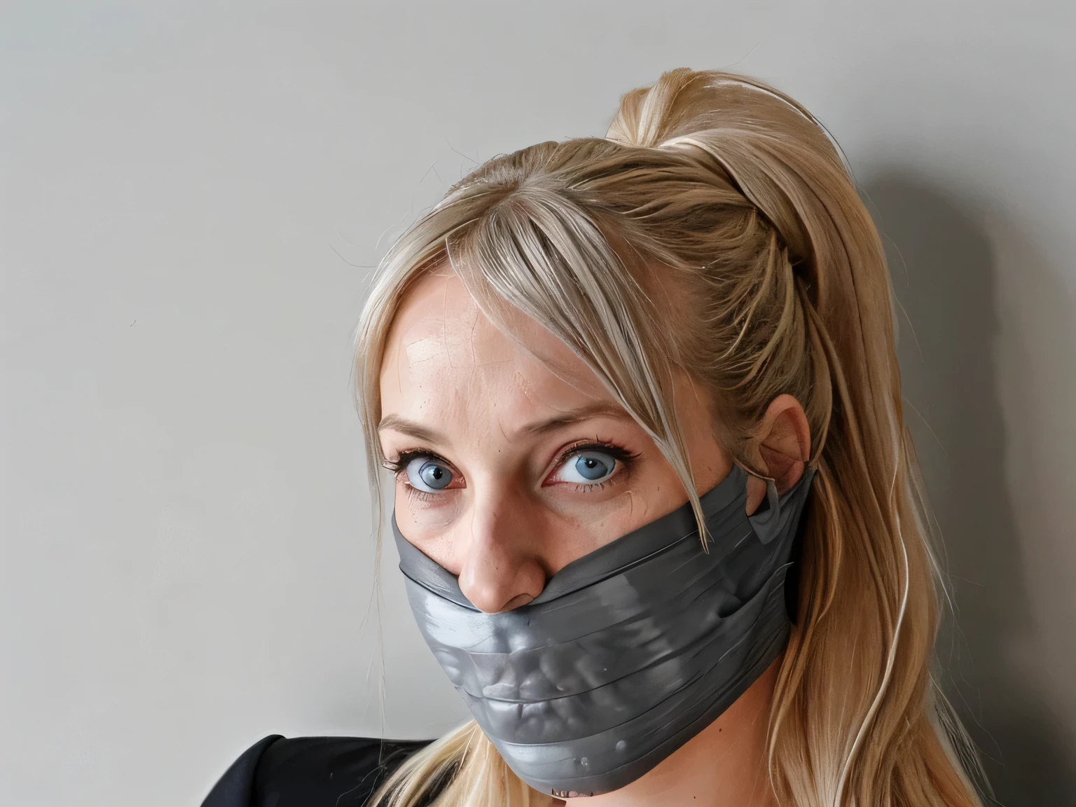 german blonde woman, blue eyes, improvised gag, Tape gag, GAGGED, panic, grey vinyl tape, frightened, Hair ponytail