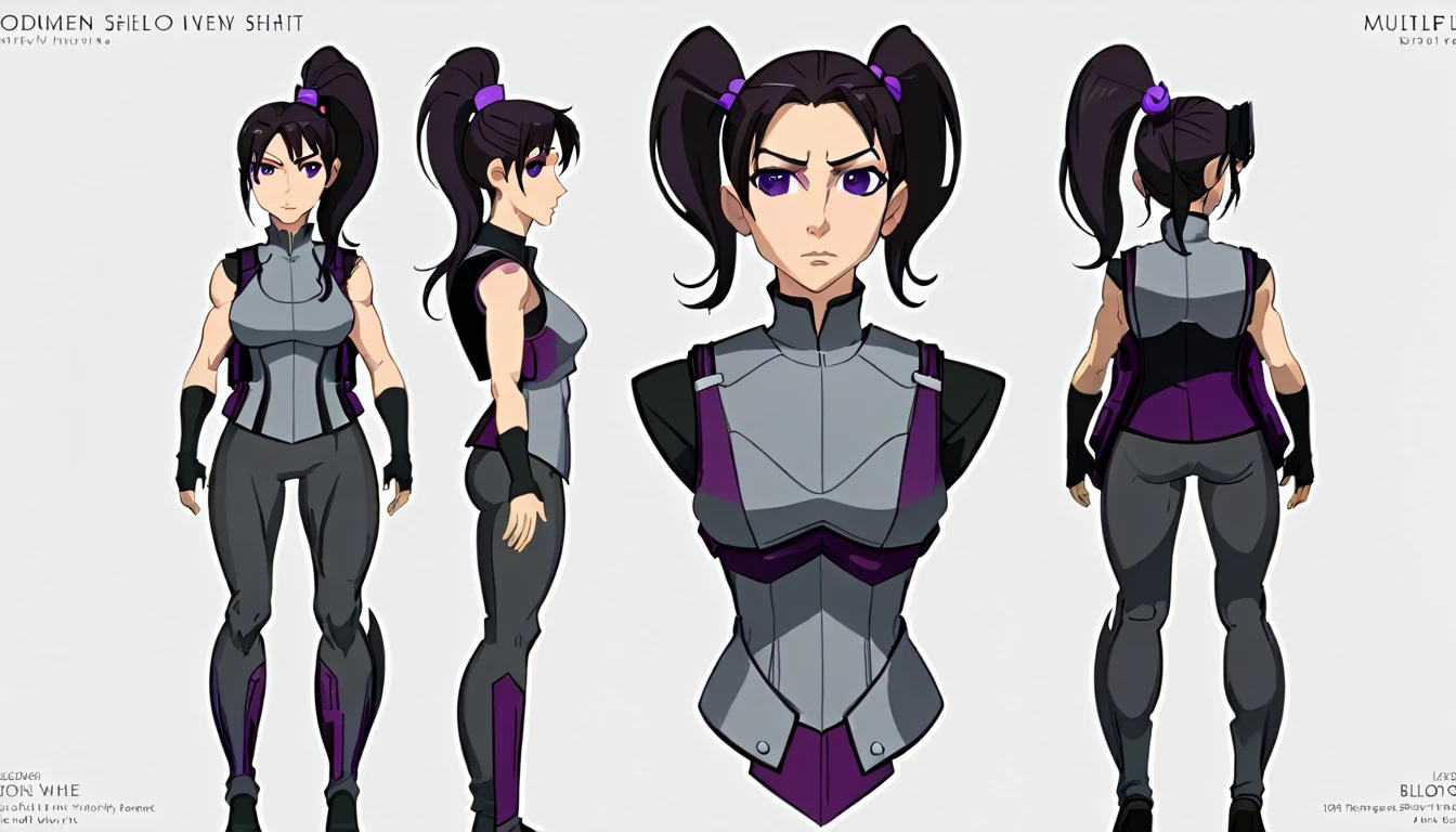 multiple views,reference sheet, model sheet, One Mature female,human, Dark hair with purple strands, Ponytail, purple eyes,black outfit,wearing gray bulletproof vest, neutral expression, Head Shot,Front facing view,Back view,Side view,Top view,Symmetric, beautiful, masterpiece, best quality, perfect lighting,8k,simple white background.