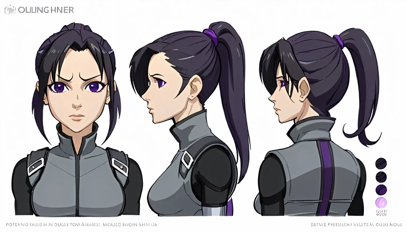 multiple views,reference sheet, model sheet, One Mature female,human, Dark hair with purple strands, Ponytail, purple eyes,black outfit,wearing gray bulletproof vest, neutral expression, Head Shot,Front facing view,Back view,Side view,Top view,Symmetric, beautiful, masterpiece, best quality, perfect lighting,8k,simple white background.