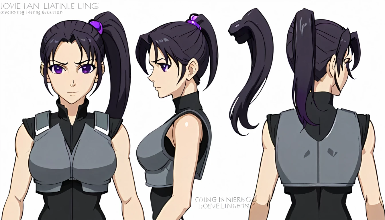 multiple views,reference sheet, model sheet, One Mature female,human, Dark hair with purple strands, Ponytail, purple eyes,black outfit,wearing gray bulletproof vest, neutral expression, Head Shot,Front facing view,Back view,Side view,Top view,Symmetric, beautiful, masterpiece, best quality, perfect lighting,8k,simple white background.