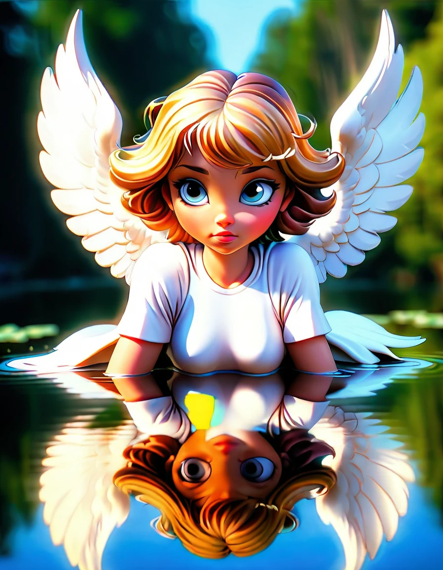 a picture of a female angel flying over a lake ((the angel's reflection mirrored perfectly in the lake: 1.5)), full body shot, a beautiful female angel, divine beauty angel, ((ultra detailed face: 1.3)), (best detailed face: 1.3), dynamic eye color, dynamic hair color, dynamic hair style, intense gaze, wearing dynamic clothing, hovering over a lake, (white angelic wings spread: 1.3), (((a perfect reflection of the angel seen in the lake: 1.5))) vibrant, Ultra-high resolution, High Contrast, masterpiece:1.2, highest quality, Best aesthetics), best details, best quality, highres, ultra wide angle, 16k, [ultra detailed], masterpiece, best quality, (extremely detailed)