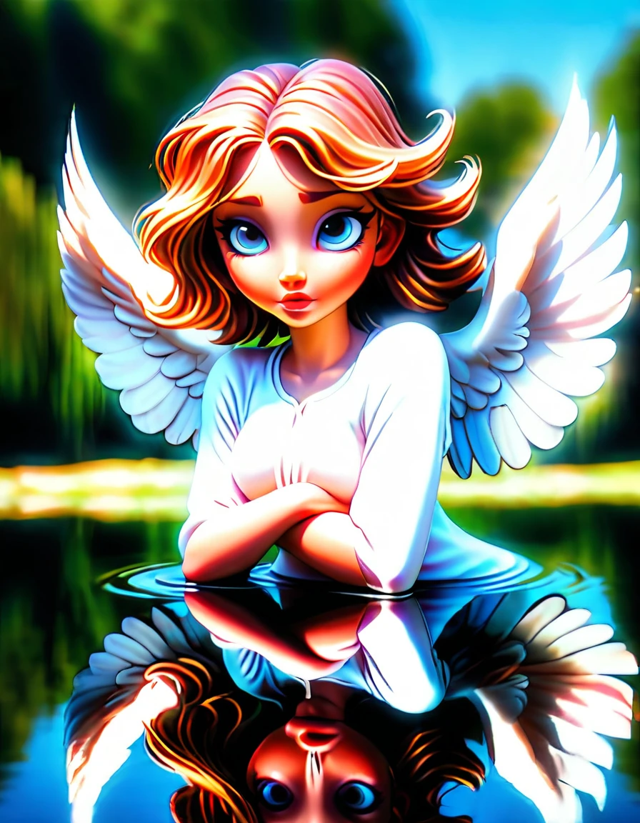 a picture of a female angel flying over a lake ((the angel's reflection mirrored perfectly in the lake: 1.5)), full body shot, a beautiful female angel, divine beauty angel, ((ultra detailed face: 1.3)), (best detailed face: 1.3), dynamic eye color, dynamic hair color, dynamic hair style, intense gaze, wearing dynamic clothing, hovering over a lake, (white angelic wings spread: 1.3), (((a perfect reflection of the angel seen in the lake: 1.5))) vibrant, Ultra-high resolution, High Contrast, masterpiece:1.2, highest quality, Best aesthetics), best details, best quality, highres, ultra wide angle, 16k, [ultra detailed], masterpiece, best quality, (extremely detailed)