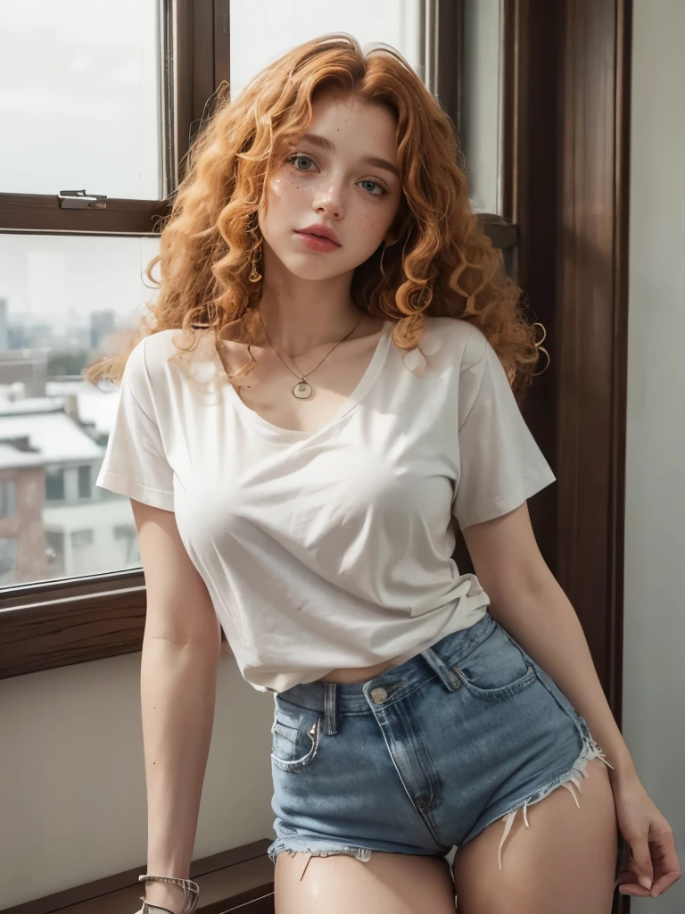 Caucasian woman, ((Ginger hair)), (((({curly hair})))), ((medium hair)), (((honey eyes))), lined eyes, shiny eyes, (highlights eyes), red lipstick, makeup, ((athletic body)), ((small breasts)), ((legs)); (standing); denim shorts, (((white T-shirt))), Necklace, bracelets, earrings, In hallway of home, luxury modern house, In the background you can see the snowy city from a window; side shot. 