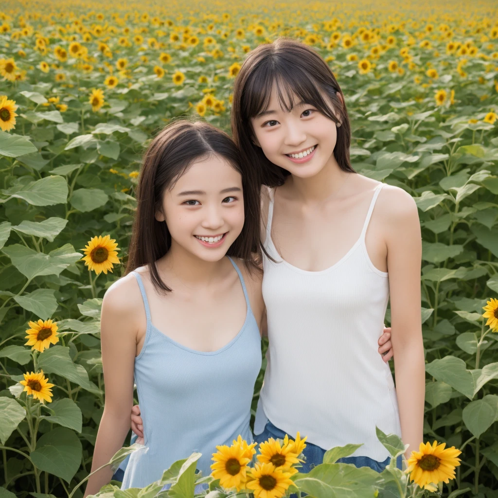 8K, beautiful elementary school girl, lovely smile, black hair, detailed beautiful face, white camisole, sunflower field, very strong wind, decolletage, sitting on the buttocks