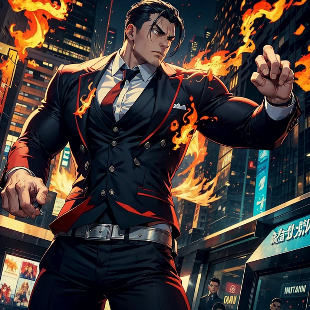 Muscular mobster with fire powers