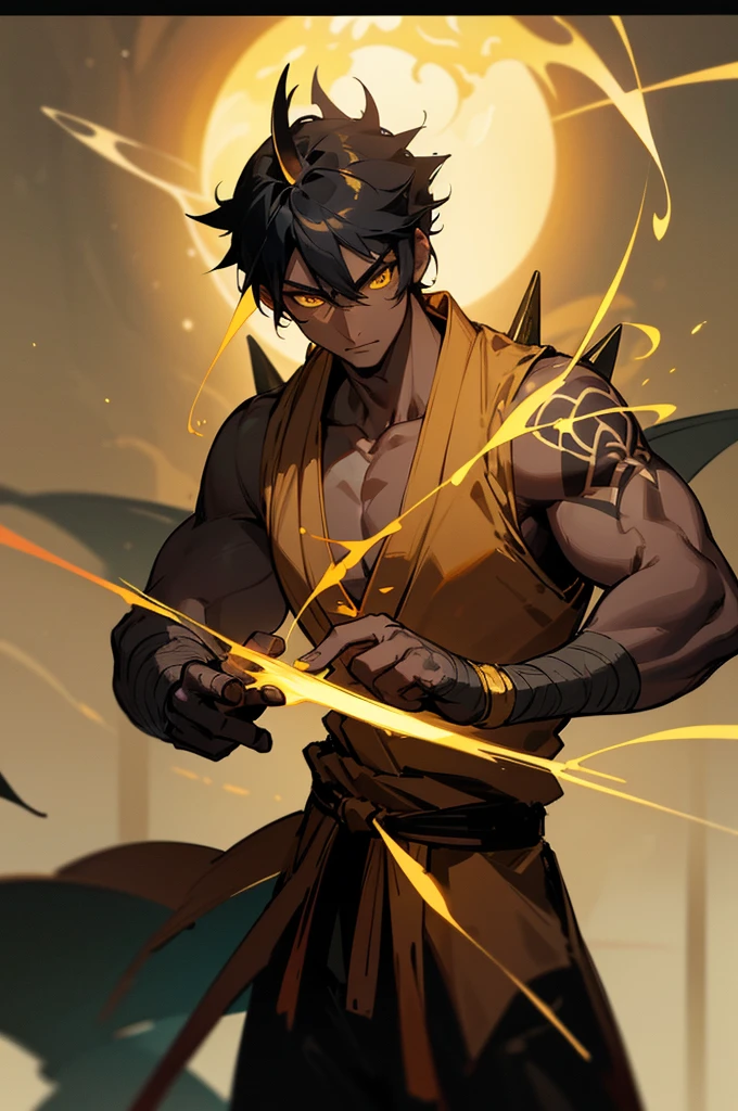 (high-quality, breathtaking),(expressive eyes, perfect face) 1boy, male, solo, young adult, black hair, yellow eyes, (short spiky hairstyles) short hair length, (dark skin), soft serious expression, Monk profession, martial artist, well built body, pants, knuckle bandages, environment background, fantasy clothing, fantasy attire, DnD Monk Class, oriental monk, half body, ancient Chinese swordsman hanfu, body tattoos, tribal body art, wuxia, black and gold clothing palette, ((tan skin color)), monk, bandage wrapped forearms, fantasy, (Dragon tattoo), (big Stigmata), character focus, ((black light)),((dark lighting)), cinematic lighting ,(darkness), (concept art), (glowing eyes), high resolution, extremely detailed CG unity 8k wallpaper, ((masterpiece)), ((top-quality)), (beautiful illustration), ((an extremely delicate and beautiful)), (masterpiece, Best quality, ultra high resolution), glowing yellow eyes, Luminous_eyes, ultra detailed eyes, Beautiful and detailed face, detailed eyes, (Centered, torso), (wide shot:0.9), facing the viewer, Eye level, (1 small black horn on top of head), gloves, horn, 1 horn, lightning aura, lightning arcing off body, lightning