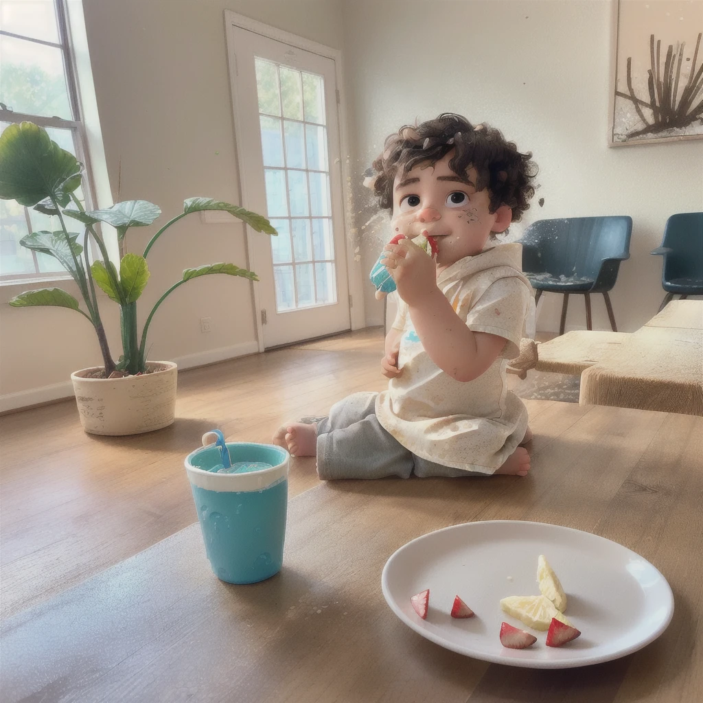 there is a sitting on the floor eating a piece of cake, having a snack, getting his tacos and drink), toddler, eating outside, sitting in his highchair, by Alexander Brook, messy eater, mixed art, healthy, , medium portrait, little kid, eating, sitting at table, sitting on a table, drinking a strawberry iced latte