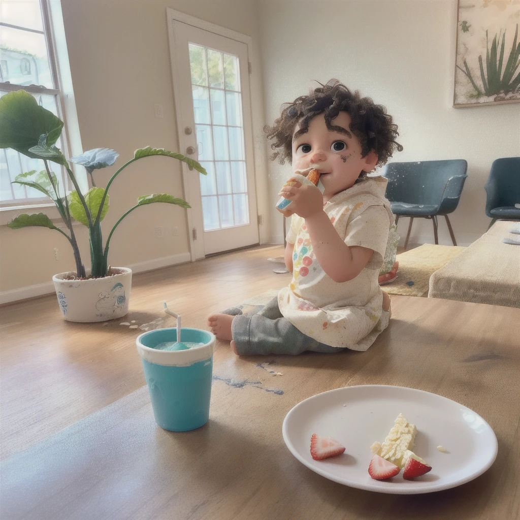there is a sitting on the floor eating a piece of cake, having a snack, getting his tacos and drink), toddler, eating outside, sitting in his highchair, by Alexander Brook, messy eater, mixed art, healthy, , medium portrait, little kid, eating, sitting at table, sitting on a table, drinking a strawberry iced latte
