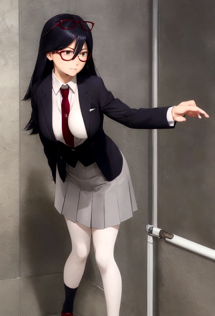 ((Best Quality)), ((Masterpiece)), (detailed), 1 girl, gray tailored suit, White shirt, tie, short gray skirt, red stockings, Red shoes. Nemuri Kayama, glasses, big breasts, medium glutes